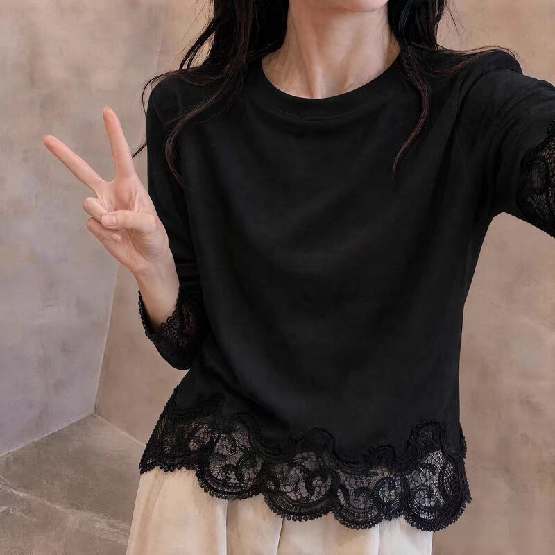 European Style 2026 New Black Lace Spliced Long-Sleeve T-Shirt for Women, Stylish Inner Layer, Loose and Slimming Top