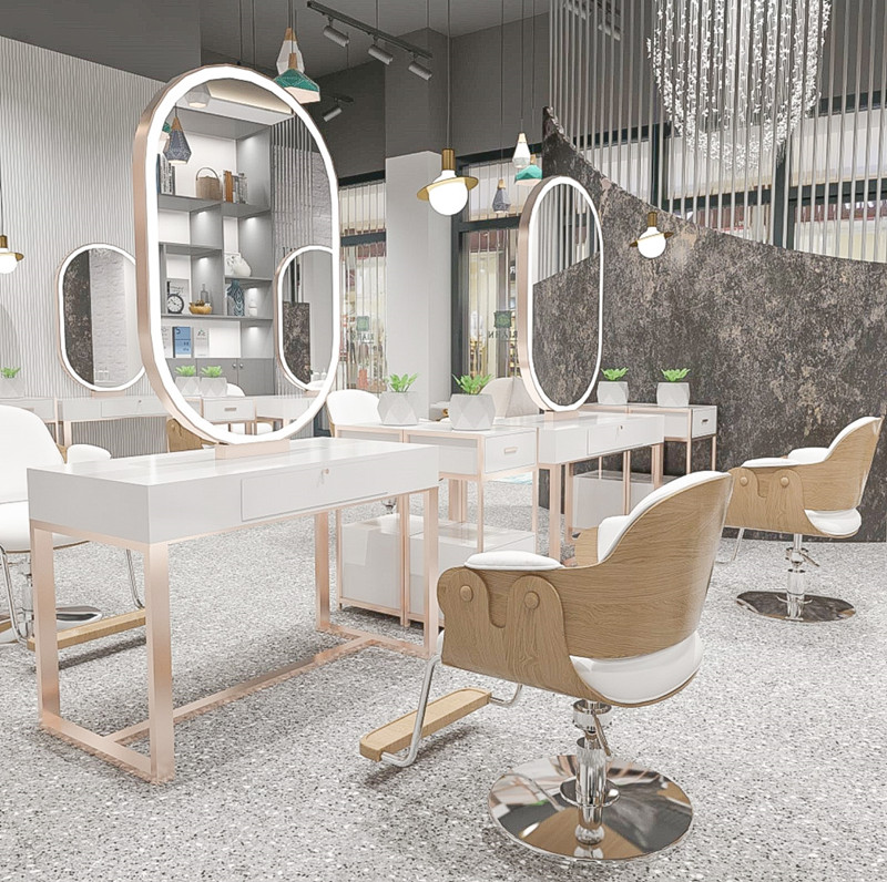 Hairdressshop Mirror Desk With Lamp Beauty Hairdressing Mirror Hair Salon Special Bronzing Mesh Red Shop Mirror Desk Single-Sided Haircut Mirror-Taobao