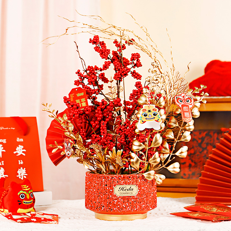 New Year Spring Festival Flower Arrangement New Year Festive Decoration Fake Flower Imitation Flower Holly Red Guofu Bucket Decoration New Year Flower