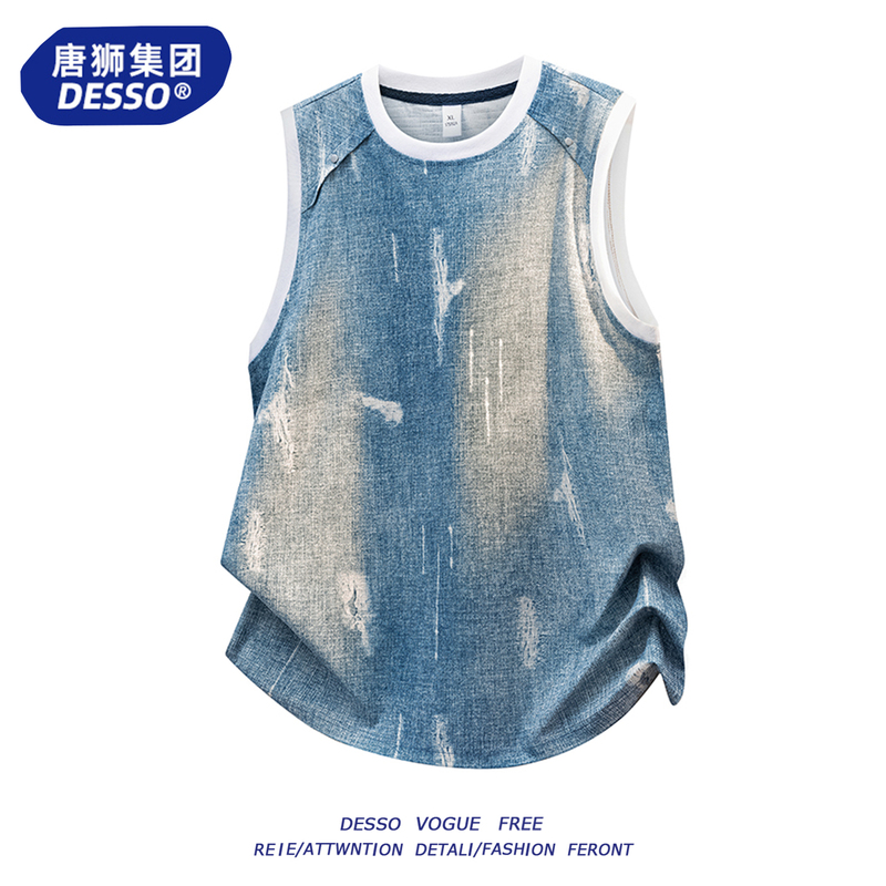 Tangshi Group Desso American High Street Tie-Dye Faux Denim Vest for Men, Summer Loose Fit, Cool and Stylish Sleeveless Vest Tangshi Group Desso American High Street Tie-Dye Faux Denim Vest for Men, Summer Loose Fit, Cool and Stylish Sleeveless Vest