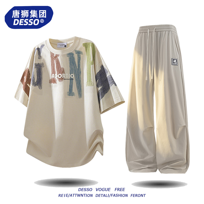 Tangshi Group Desso Graffiti Letter Short Sleeve T-Shirt Men's Summer Loose Casual Sports Outfit Set with Pants
