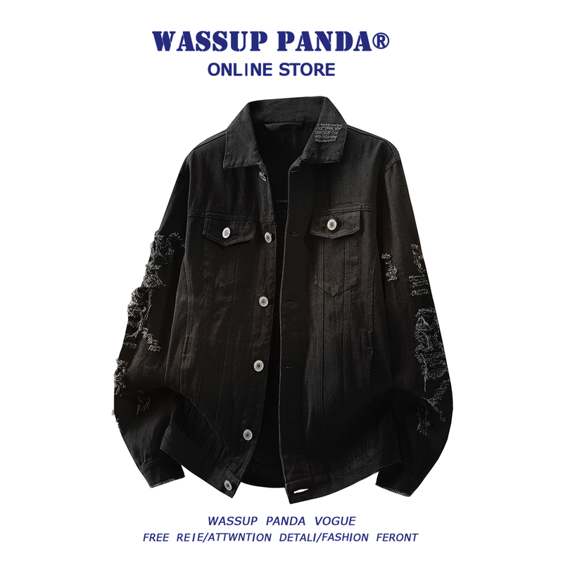 Wassup Panda American High Street Ripped Denim Jacket for Men, Spring and Autumn, Loose Fit, Cool Street Style, Turn-Down Collar Jacket