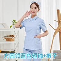 Синие штаны, круглый воротник, короткий рукав