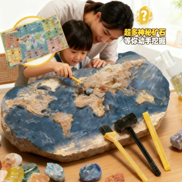 ของเล่นขุดค้นแผนที่โลกแบบโต้ตอบระหว่างพ่อแม่กับลูก ทั้งครอบครัวร่วมกันขุดหาแร่ลึกลับ เพื่อเสริมสร้างความผูกพัน แผนที่แร่