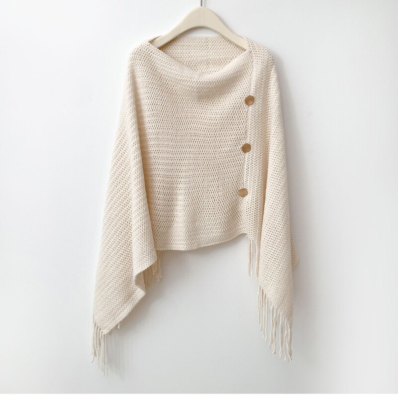 New Fashionable Versatile Tassel Button Hollow Knit Pullover Shawl Cape for Women, Suitable for Travel, Warmth, and Air-Conditioned Rooms