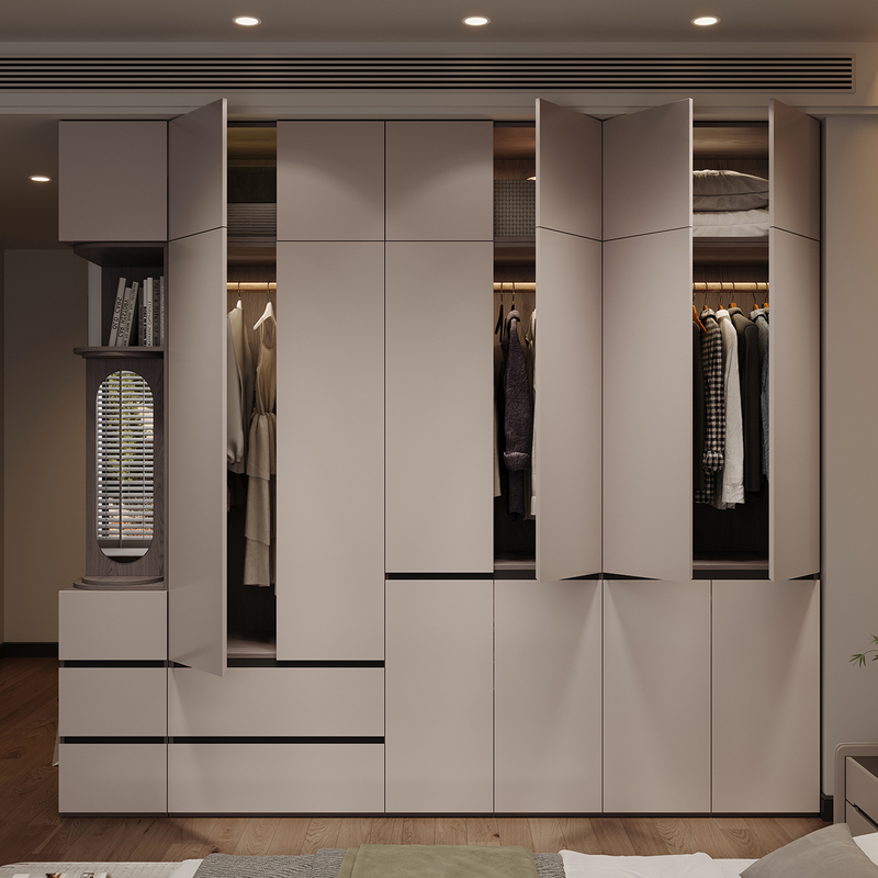 Foshan Wardrobe for Home Bedroom, Segmented with Top Cabinet, Flat Door, Gray, Enf European Pine Board, 26 Models of Wardrobe Cabinets Foshan Wardrobe for Home Bedroom, Segmented with Top Cabinet, Flat Door, Gray, Enf European Pine Board, 26 Models of Wardrobe Cabinets