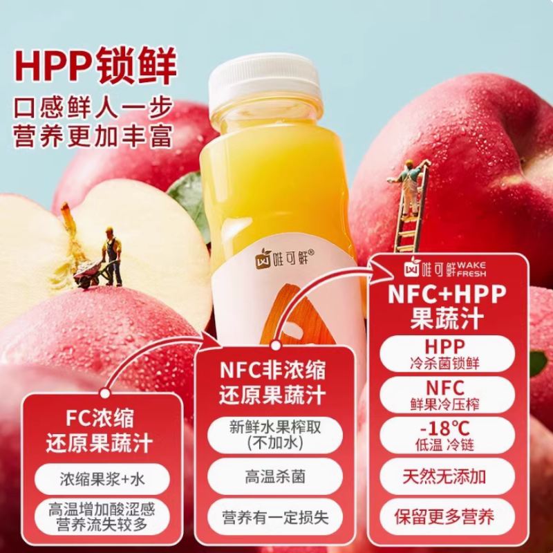 唯可鲜100%HPP低温果汁鲜榨果蔬汁富士苹果汁猕猴桃汁非浓缩饮料