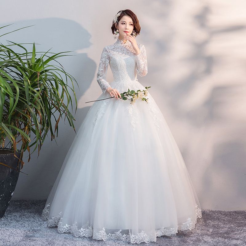Wedding Dress, Evening Dress, Fashionable High-End New Style, Long-Sleeved Stand-Up Collar, Bride's Wedding, Slimming, Floor-Length Lace Wedding Dress, Puffy Skirt