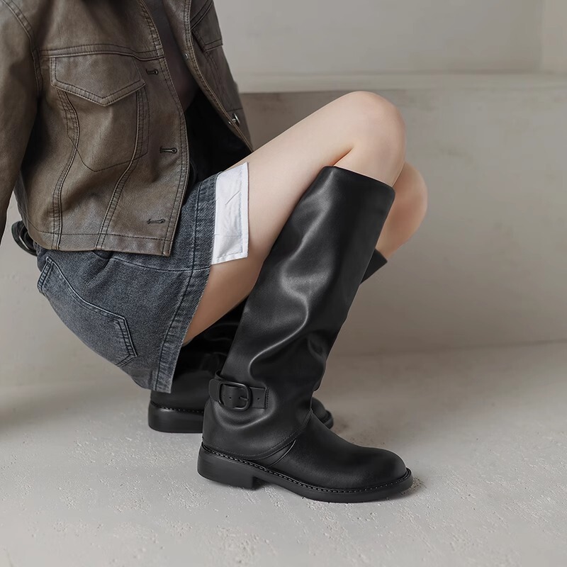 Classic Black Knee-High Riding Boots for Women, 2025 Winter New Style, Genuine Leather, Round Toe, Low Heel, Trouser-Length Boots