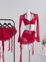 Sexy hot girl pure lust style red mesh see-through long-sleeved top for women summer new high waist hip skirt