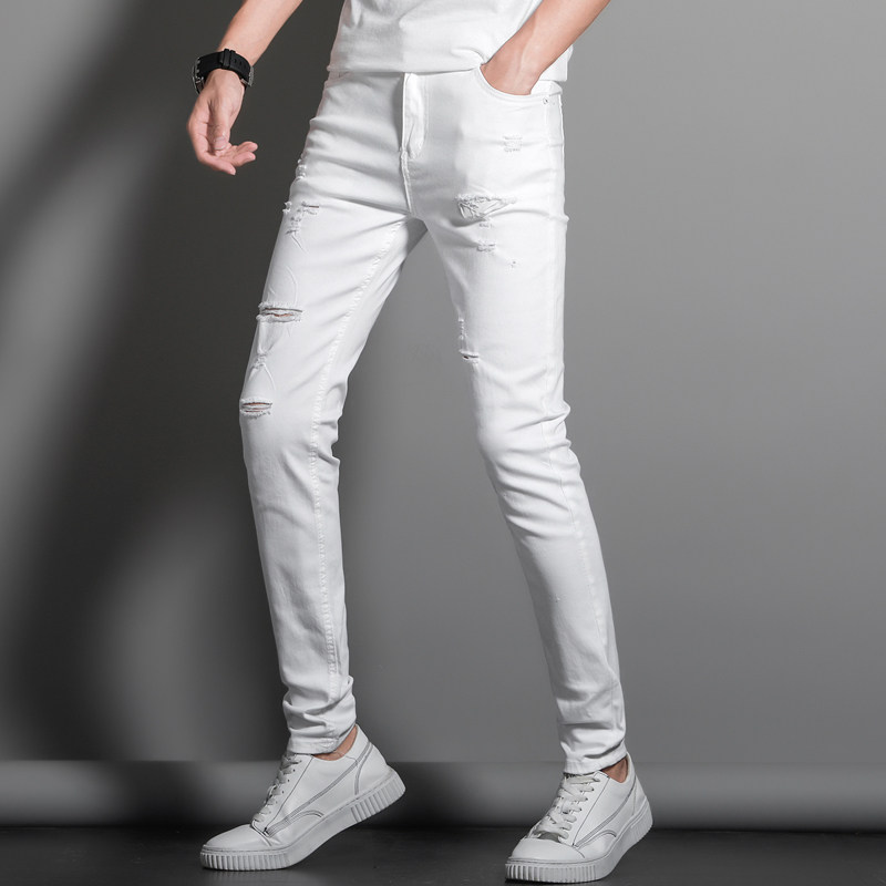 Boomer white Broken Cave Jeans Men 2022 Autumn new Korean version Elastic narrow footed pants Men's youth Thunderpants