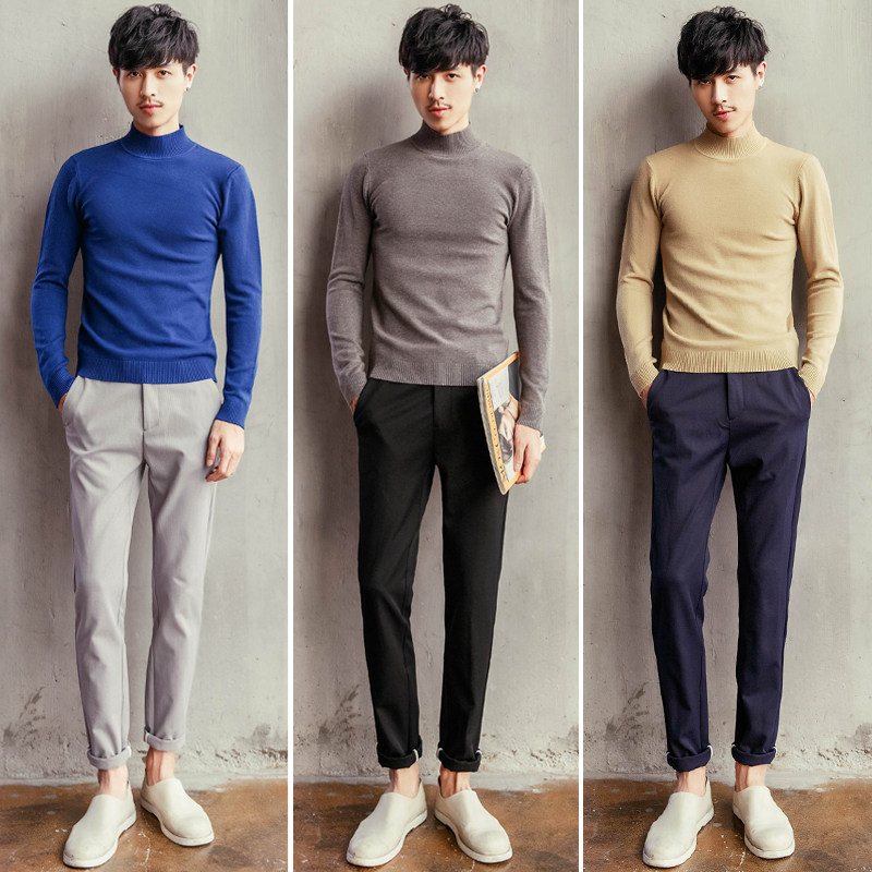 Korean men's half turtleneck sweater men's Korean style slim autumn and winter plus velvet thickening trendy mid-neck knitted bottoming shirt