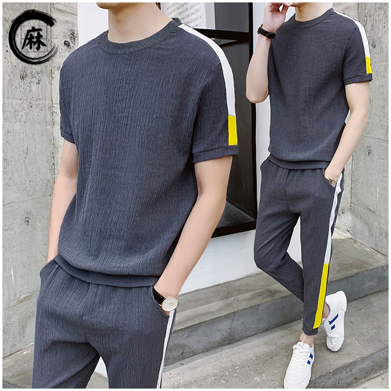 Tide-card short sleeve T-shirt male suit Summer Korean version Body Tide Handsome linen Men's casual pants Two sets of clothes