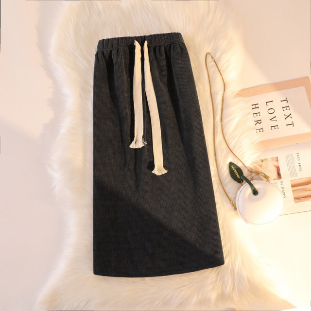 Corduroy skirt women's autumn and winter mid-length striped velvet skirt high waist straight long skirt thickened warm plus velvet skirt