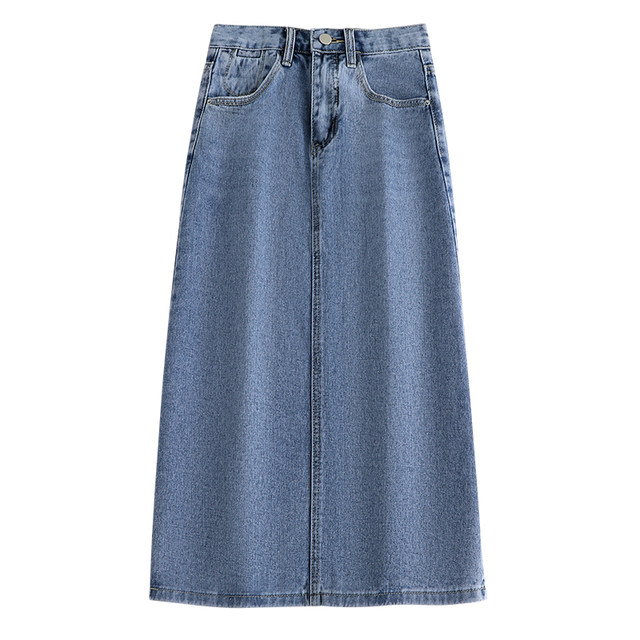 Slit denim skirt women's summer cover crotch look thin and small all-match straight high waist a-line skirt over the knee mid-length