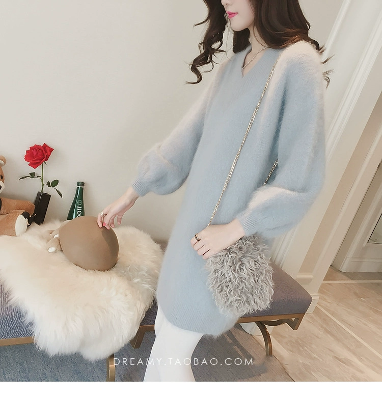 Áo len mùa thu đông 2018 mới trong phần dài của chiếc váy cashmere tay dài cổ chữ V của áo len hippocampus áo len trắng