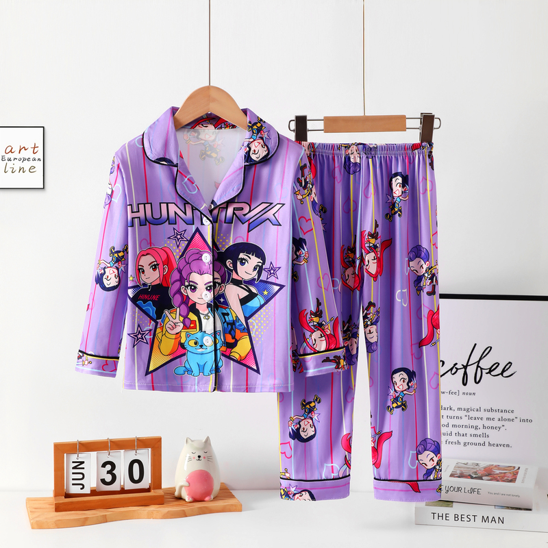 Girls' Loungewear for Spring, Autumn, and Summer, Kpop Hunter Girl Group Cartoon Children's Pajamas, Long-Sleeved Lapel Set for Elementary School Students Girls' Loungewear for Spring, Autumn, and Summer, Kpop Hunter Girl Group Cartoon Children's Pajamas, Long-Sleeved Lapel Set for Elementary School Students
