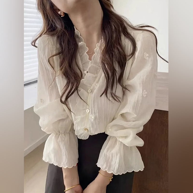 Trendy French-Style Shirt for Women, Long-Sleeved, Spring and Autumn 2026 New Model, High-End Design, Age-Reducing Lace Top