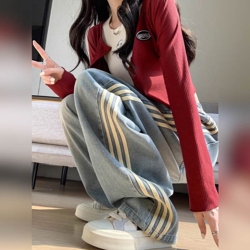 Trendy Straight-Leg Jeans for Women, 2026 Summer New Style, Elastic High-Waisted, Loose Striped Patchwork Sports Wide-Leg Pants