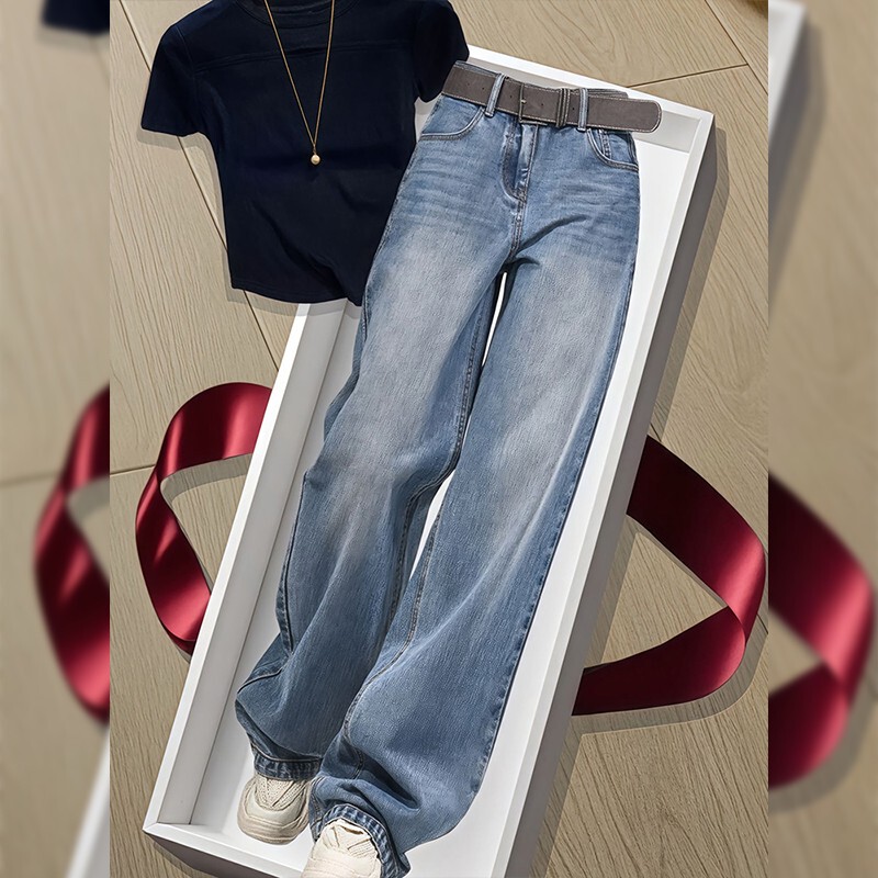 High-End Retro Wide-Leg Jeans for Women, Summer Plus Size, Pear-Shaped Body, Petite, Loose, Slimming, Straight-Leg, Narrow Version Pants