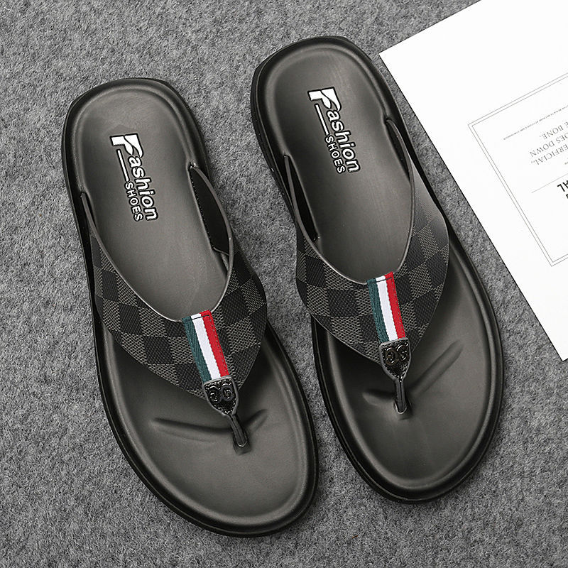 Men's Flip-Flops, Summer Non-Slip, Anti-Odor Beach Slippers, Outdoor Trendy Brand Plaid Striped Flip-Flops