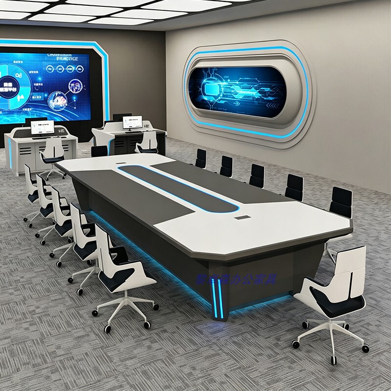 Painted Tech-Style Conference Table with Lights, Office Command Center Training Table, Creative Evaluation Table, Long Office Desk Painted Tech-Style Conference Table with Lights, Office Command Center Training Table, Creative Evaluation Table, Long Office Desk