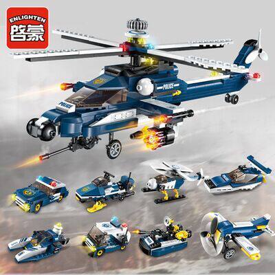 Genuine enlightenment puzzle assembled building blocks armed helicopter armored fire truck heavy transport vehicle set 8 in one