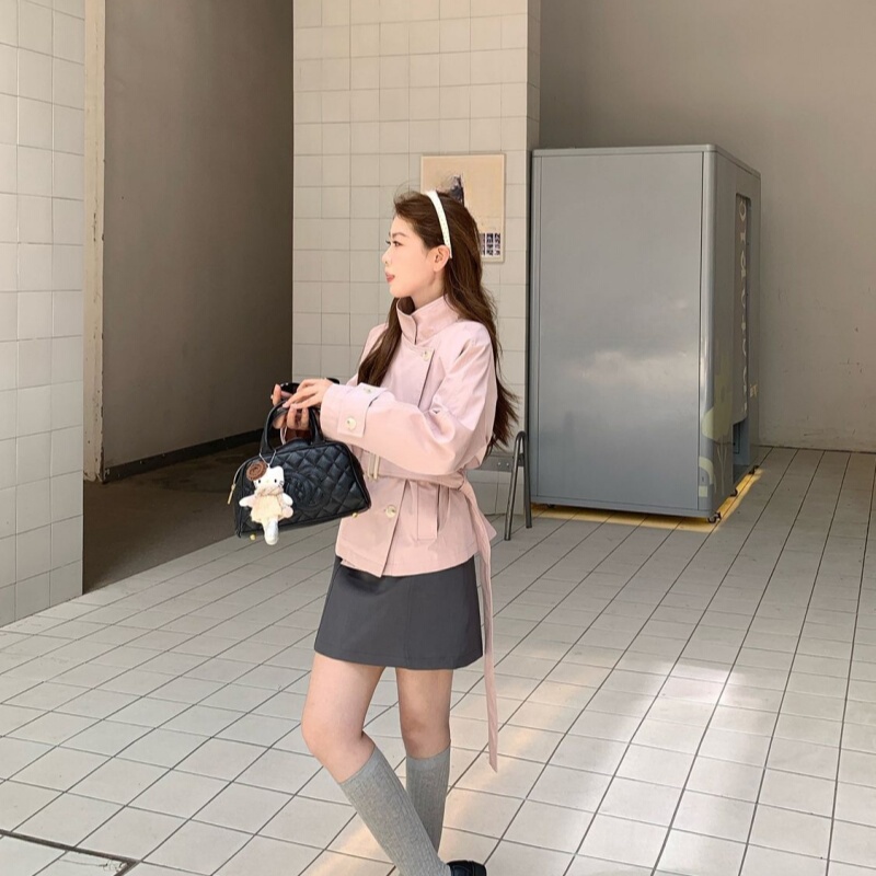 Korean Style Short High-Waisted Pink Trench Coat for Women 2025 Petite British Style Stand Collar Chenille Waist-Cinching Coat