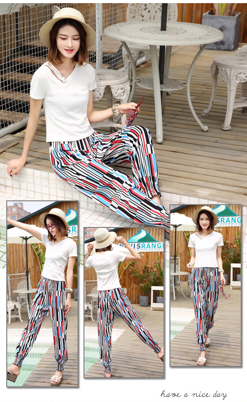 Xia Bo Xi Mei bên bờ biển kỳ nghỉ cotton lụa bãi biển quần nữ quần nhân tạo cotton quần harem lụa chín điểm cây ra hoa quần dài