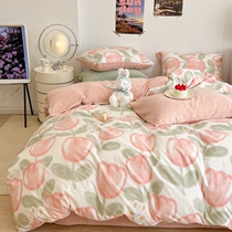 ins full cotton gushed bed four sets flange milk suede pure cotton quilt cover coral suede three-piece tulip powder