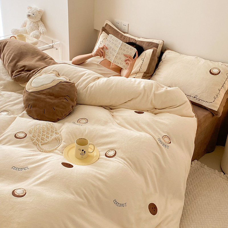 Winter in teenage milk embroidery four pieces thickened coral velvet by flannel thickened and warm