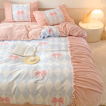 Korean Milk Suede Four Pieces Of Butterfly Knot Draped Lace Coral Suede Quilt Cover Winter Thickened Warm Girls Bed