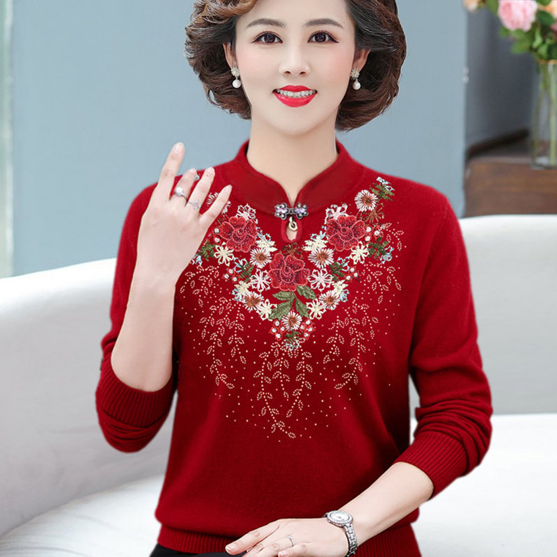 Mother Loaded Loose Needle Weaselwear Embroidered Thin Sweatshirt Spring Autumn Qipao Qipao Collar Blouses Mid-Age Women's Dress Foreign Sheep Sweatshirt