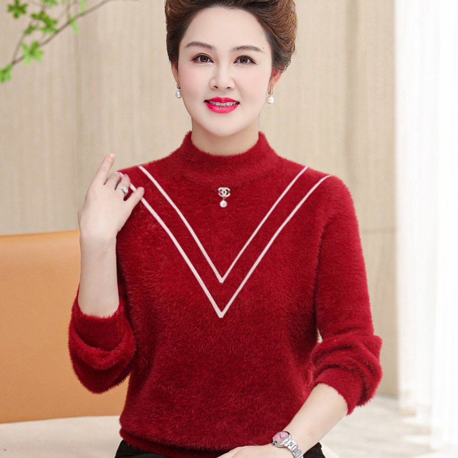 Middle-aged moms loaded with half-height collar weaters in elderly women's clothing Loose Undershirt Thickened Warm Sweater