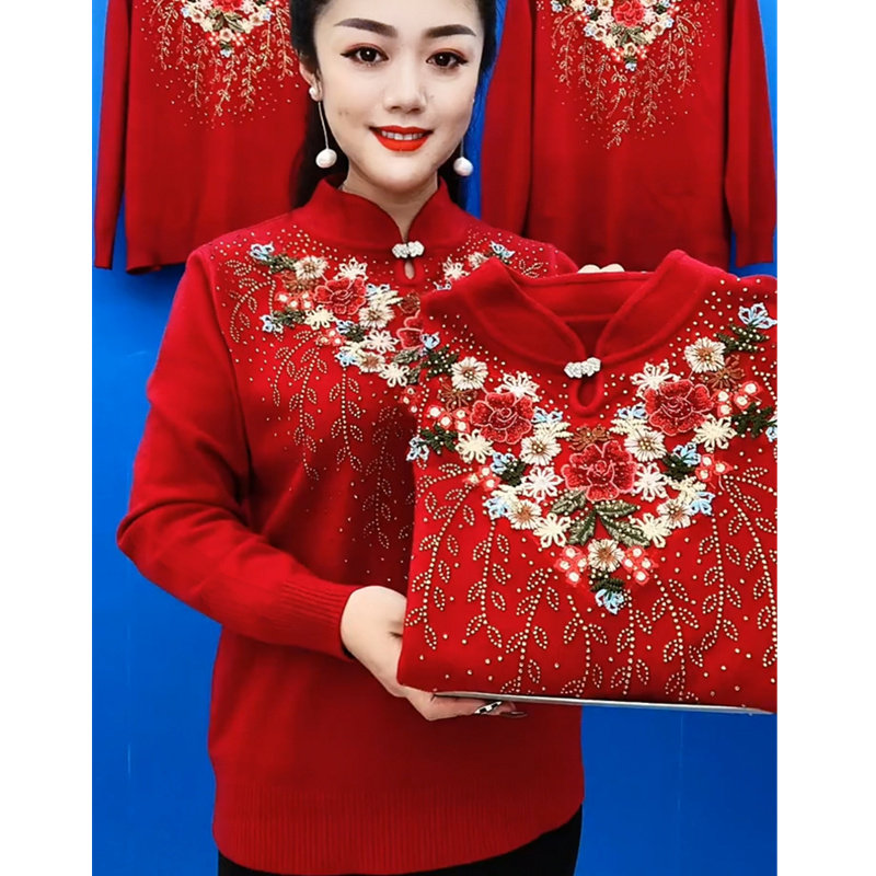 Happy mother-in-law wedding banquet Middle-aged Moms Loaded Loose Needle Weaselwear aged ladies' thin sweater qipao collar clothes