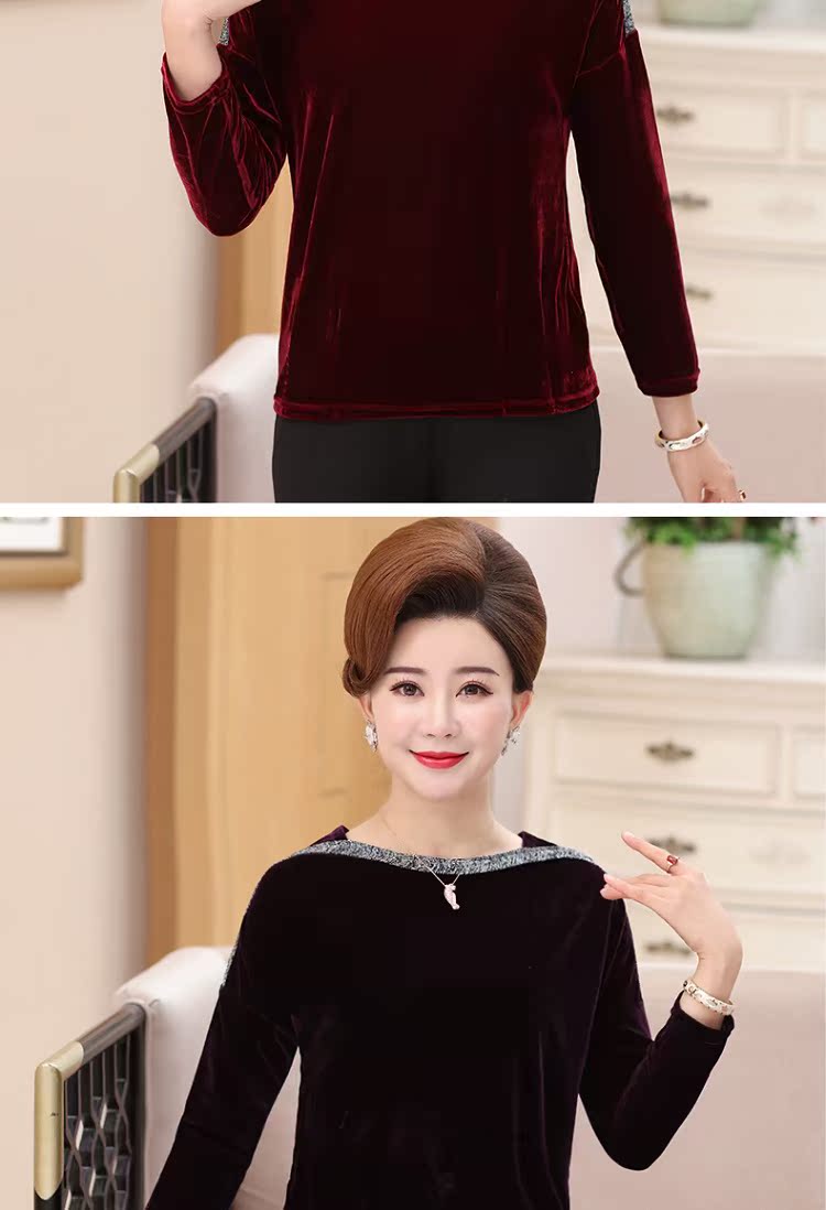 Áo thun nữ dài tay cho phụ nữ trung niên mới chất liệu cỡ lớn mùa xuân và mùa thu nhung vàng áo sơ mi tay bồng áo voan kiểu tuổi trung niên