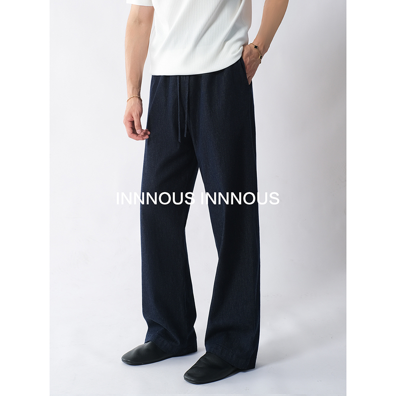 Inn Nous|Row Style Mulberry Silk Blend Drawstring Elastic Waist Faux Denim Straight Casual Long Pants for Men Inn Nous|Row Style Mulberry Silk Blend Drawstring Elastic Waist Faux Denim Straight Casual Long Pants for Men