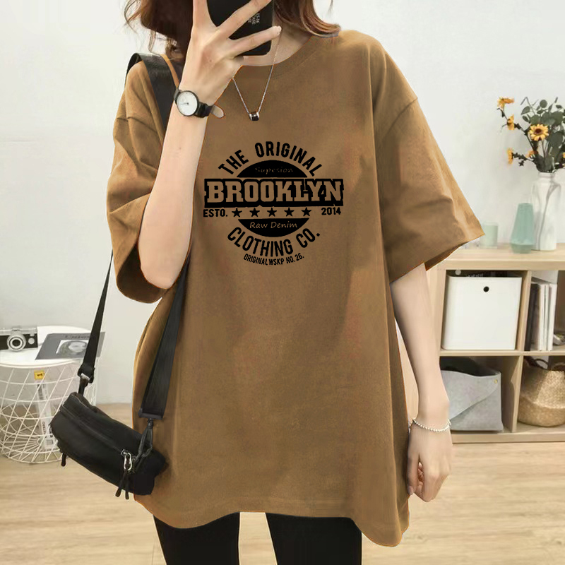Letter Print Pure Cotton Mid-Length Short-Sleeve T-Shirt for Women, Coffee-Colored Top, New Summer Style, Over-The-Hip Oversize Loose Trendy