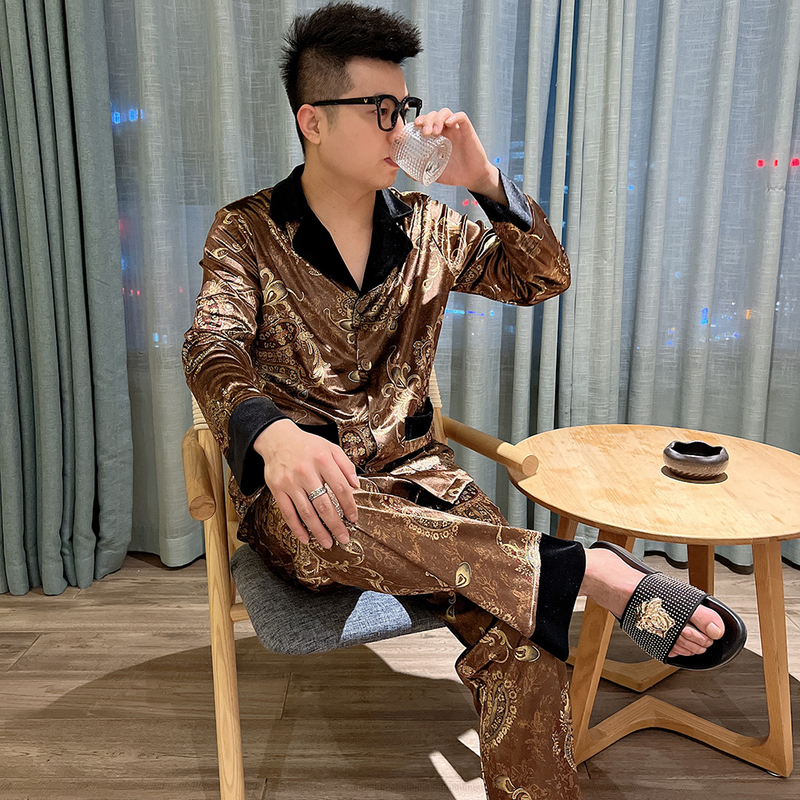 Men's Gold Velvet Bronzing Pajamas Set, Men's Large Size High-End Light Luxury Printed Casual High-End Loungewear Two-Piece Set