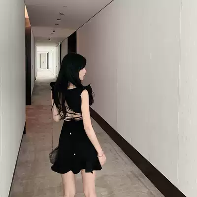 2021 summer New ruffled hip fishtail slim thin temperament small black skirt backless sexy dress