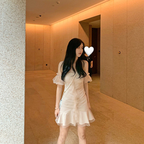 Sexy one-shoulder dress Spring and summer fairy super fairy sweet slim slim mesh stitching short skirt off-the-shoulder skirt