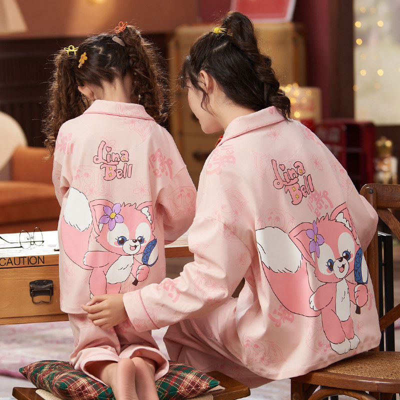Mother and daughter parent-child pajamas women's autumn long-sleeved thin section pure cotton girls little cute princess cartoon spring and autumn home service