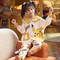 Childrens pajamas girls spring and autumn thin cotton long sleeve girls in the big baby baby home clothing suit Pikachu