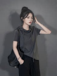 Hooded Short-Sleeved Sweatshirt for Women Summer European Hoodie Right Shoulder T-Shirt Gray Half-Sleeved T-Shirt Petite Short Top