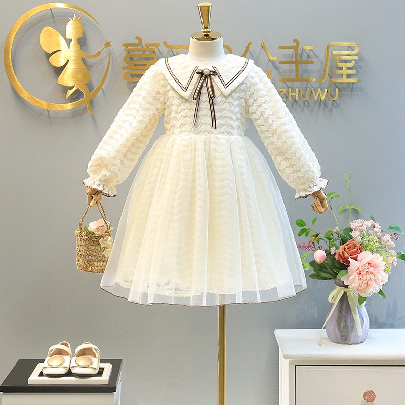 Girl Ocean Dress 2022 Spring Dress New Loving Rolling Side Princess Skirt Foreign Pie Lace Children Web Yarn Dress