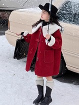 Girls winter coat new style childrens medium-length New Years woolen coat girls red style plus velvet New Years greetings coat