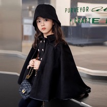 Girls autumn and winter fashion woolen coat 2023 new style 6-14 years old temperament Hepburn style double-breasted cape top