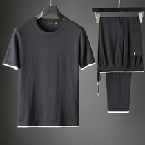 JSBD Summer High-end Knit Two Sets True Silk Breathable Fabric Men Casual Collision Color Short Sleeve Sports Suit Thin
