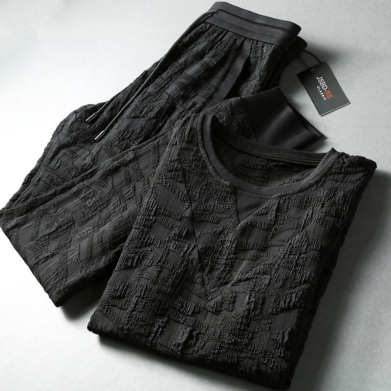 (Spike) High-end style sportsman must receive fashion wrinkled fabric Men's casual suit Short-sleeved sports suit