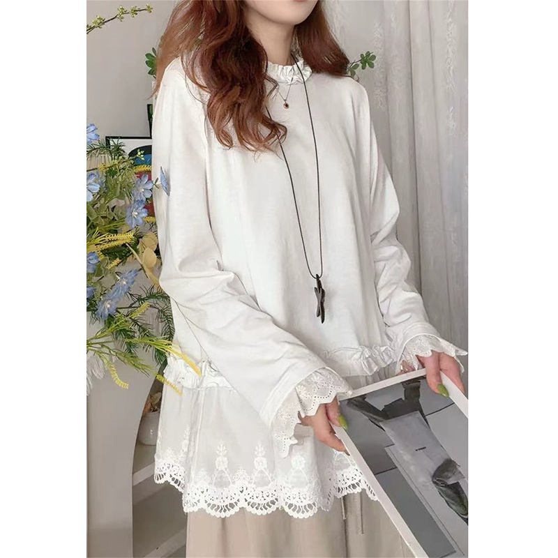 White Lace-Trimmed Long-Sleeve T-Shirt for Women, Autumn and Winter, Mid-Length, Layered, Loose Fit, Base Layer Top
